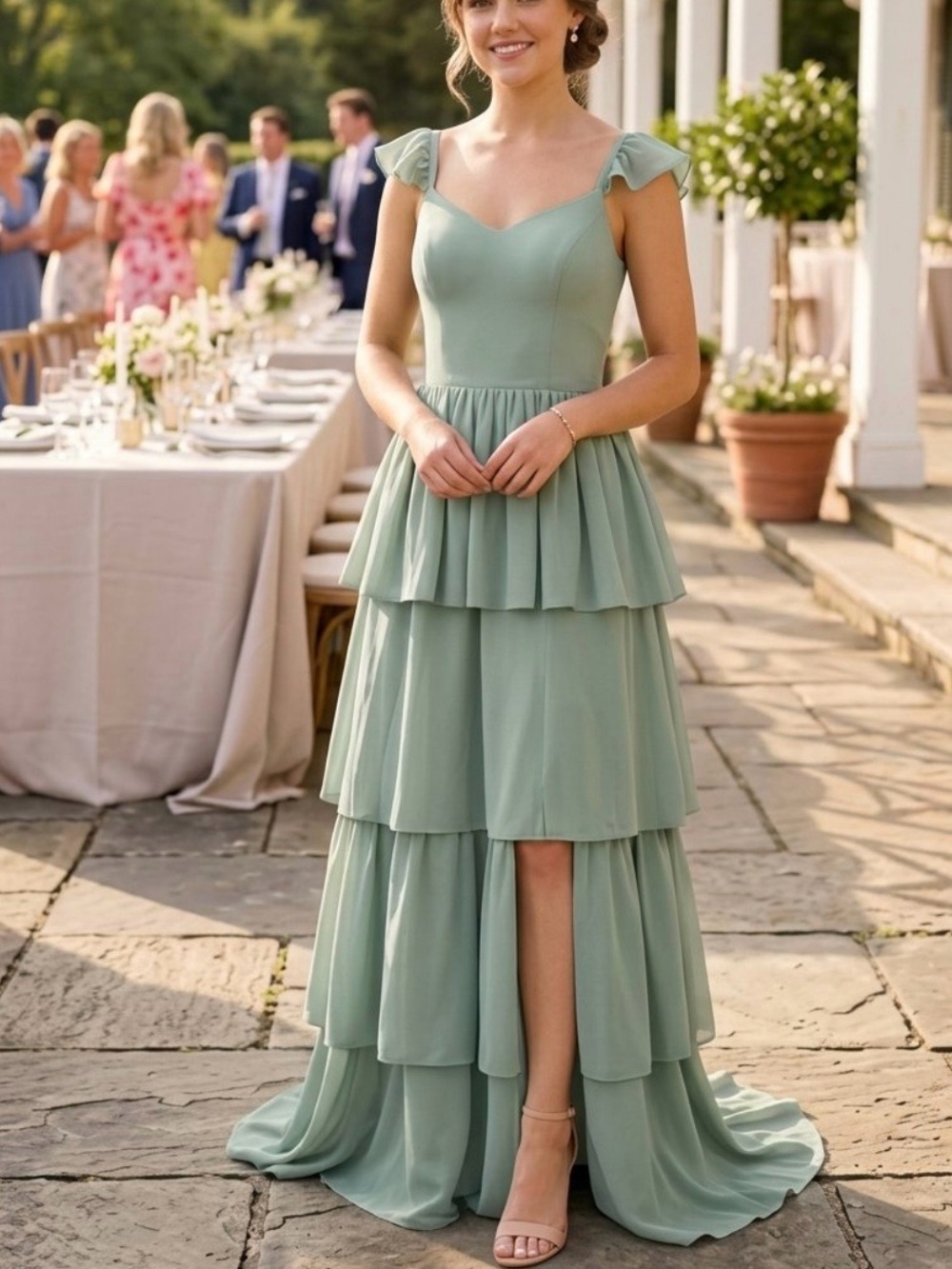 Tiered Ruffle Maxi Dress in Soft Green
